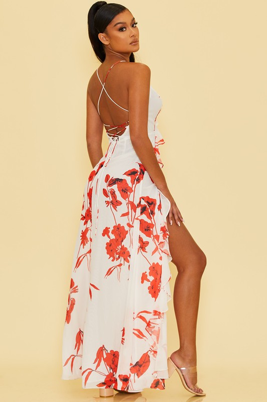 Fashion Strap Ruffle White Red Floral Print Maxi Dress with Middle Slit
