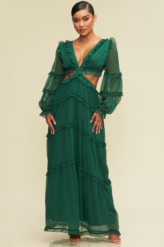 Elegant Hunter Green V-Neck Ruffle Cut-Out Back Tie-Up Maxi Dress with Long Sleeve