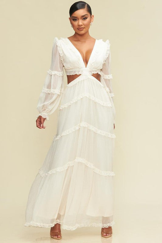 Elegant Ivory V-Neck Ruffle Cut-Out Back Tie-Up Maxi Dress with Long Sleeve