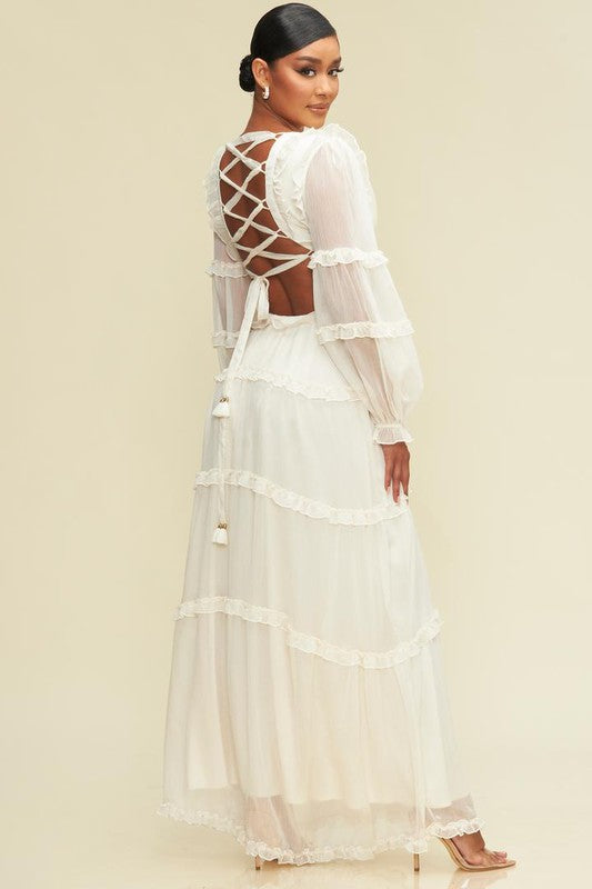 Elegant Ivory V-Neck Ruffle Cut-Out Back Tie-Up Maxi Dress with Long Sleeve