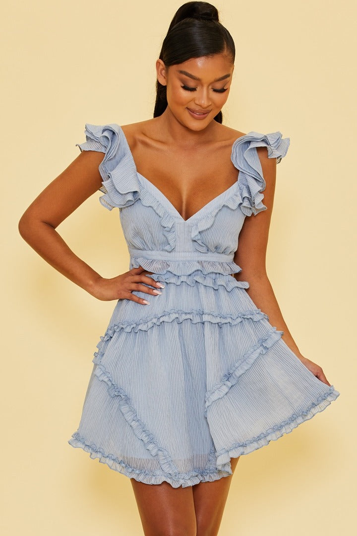 Elegant Light Blue Texture Detailed V-Neck Ruffle Cut-Out Back Tie-Up Dress with Band Sleeve Detailed