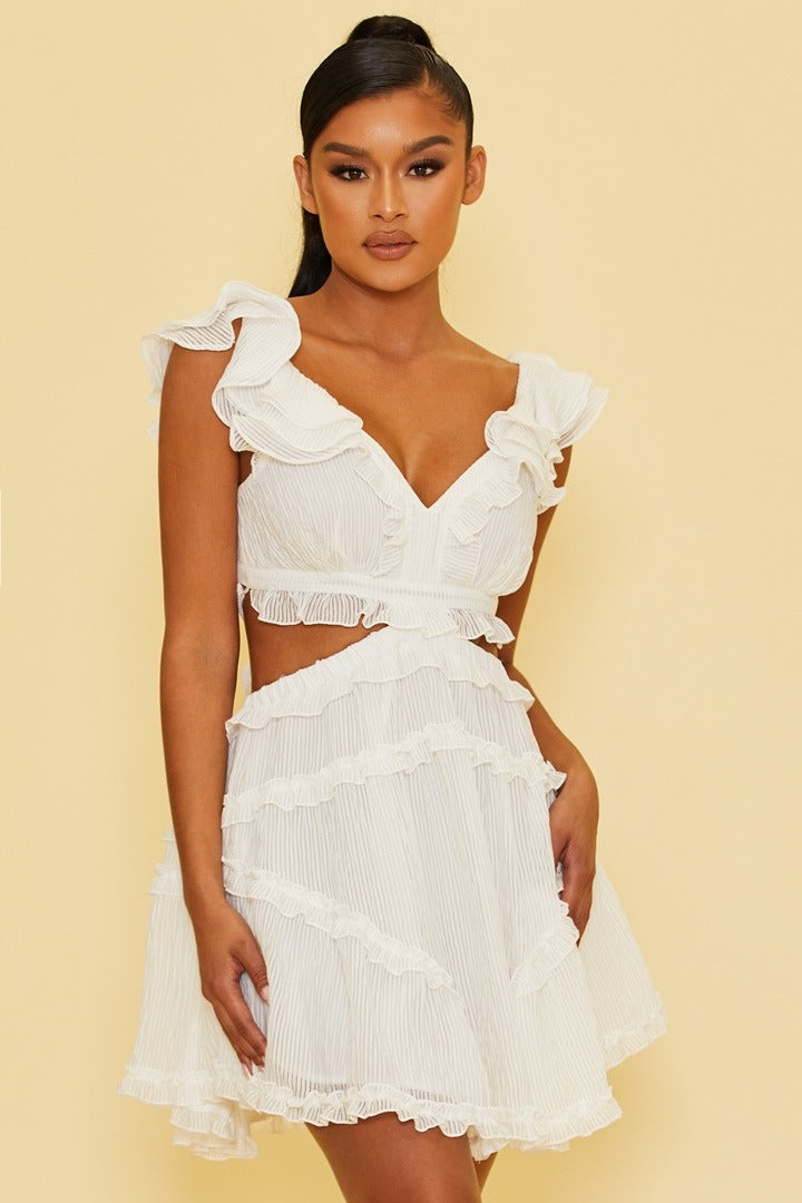 Elegant White Texture Detailed V-Neck Ruffle Cut-Out Back Tie-Up Dress with Band Sleeve Detailed
