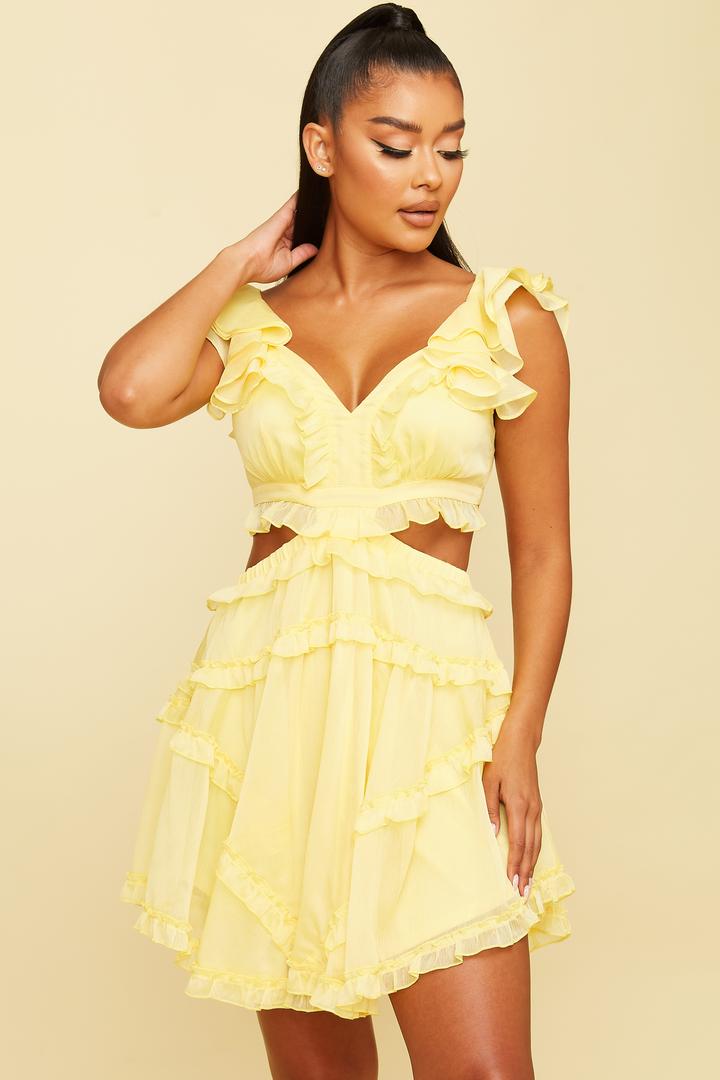 Elegant Yellow V-Neck Ruffle Cut-Out Back Tie-Up Dress with Band Sleeve Detailed