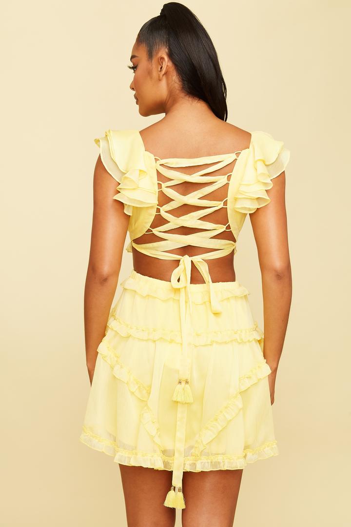 Elegant Yellow V-Neck Ruffle Cut-Out Back Tie-Up Dress with Band Sleeve Detailed