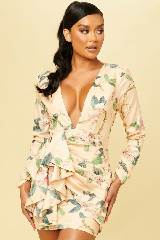 Elegant Peach Multi-Color Floral Print Deep V-Neck Ruffle Tie-Up Open Back Dress with Long Sleeve