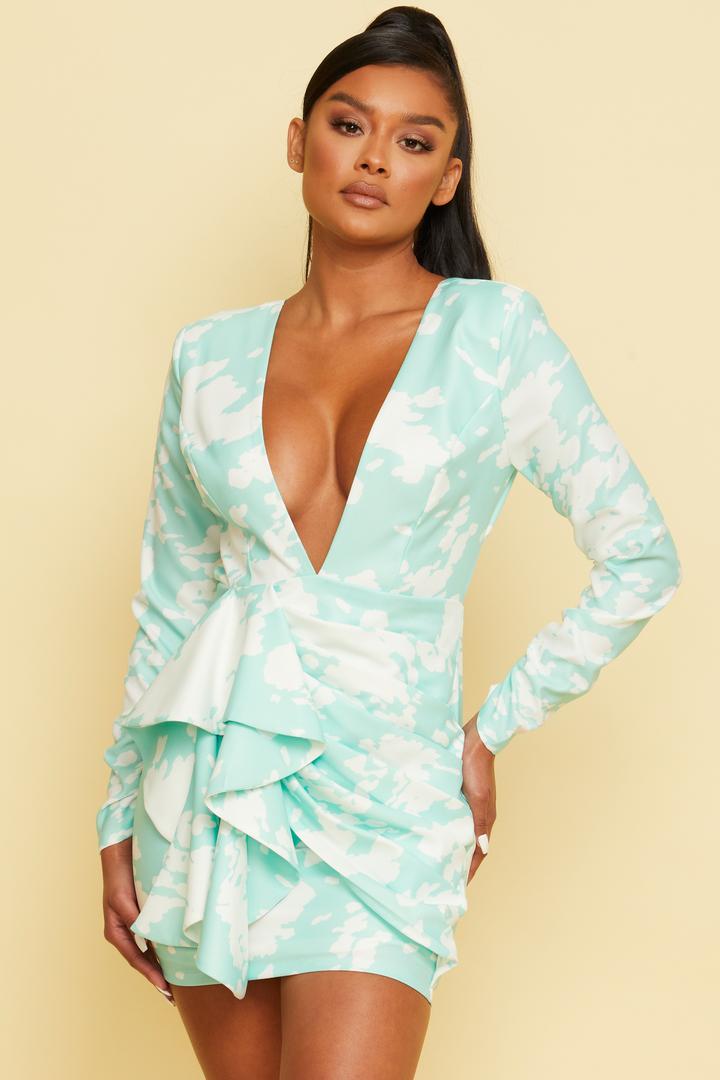 Elegant Mint Abstract Print Deep V-Neck Ruffle Tie-Up Open Back Dress with Long Sleeve
