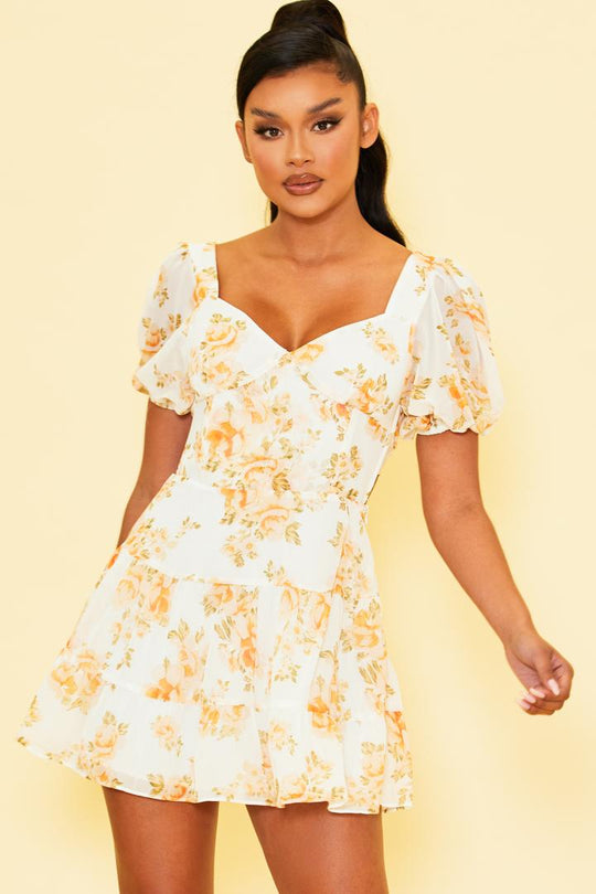 Fashion White Multi-Color Floral Print Off Shoulder Open Back Tie-Up Ruffle Dress