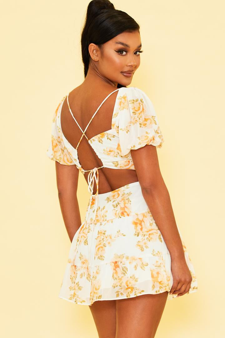 Fashion White Multi-Color Floral Print Off Shoulder Open Back Tie-Up Ruffle Dress