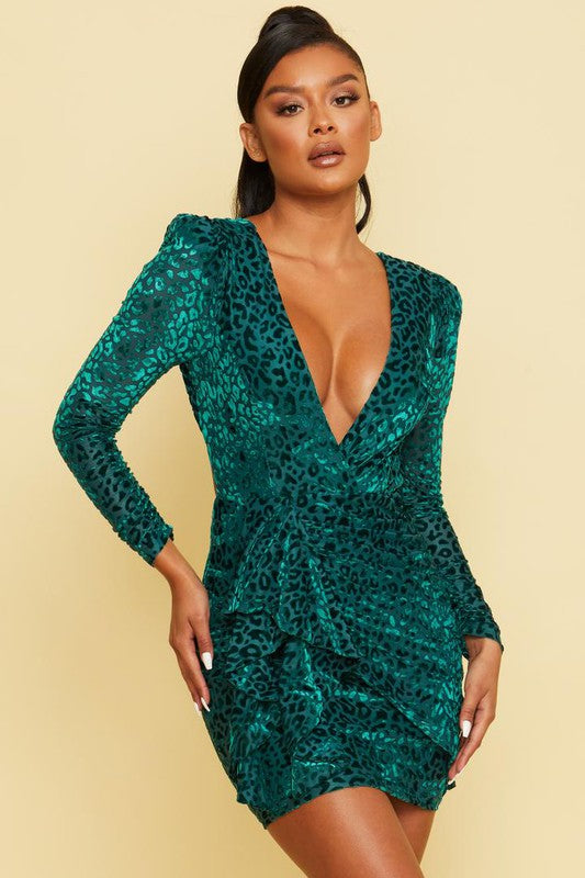 Elegant Hunter Green Animal Print Velvet Deep V-Neck Ruffle Tie-Up Open Back Dress with Long Sleeve