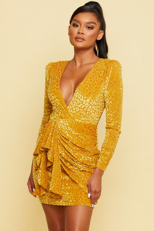 Elegant Mustard Animal Print Velvet Deep V-Neck Ruffle Tie-Up Open Back Dress with Long Sleeve to