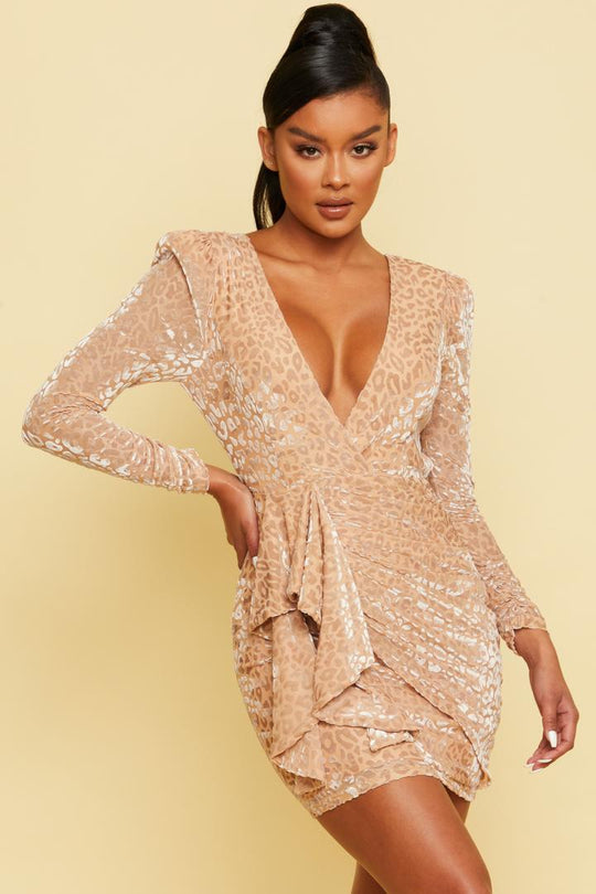 Elegant Nude Animal Print Velvet Deep V-Neck Ruffle Tie-Up Open Back Dress with Long Sleeve