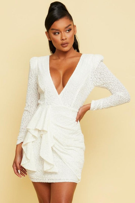 Elegant White Animal Print Velvet Deep V-Neck Ruffle Tie-Up Open Back Dress with Long Sleeve