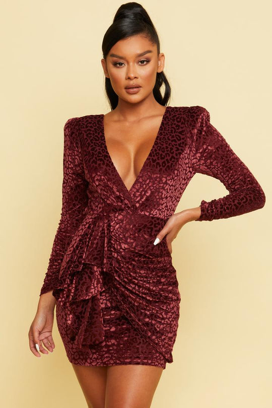 Elegant Wine Animal Print Velvet Deep V-Neck Ruffle Tie-Up Open Back Dress with Long Sleeve