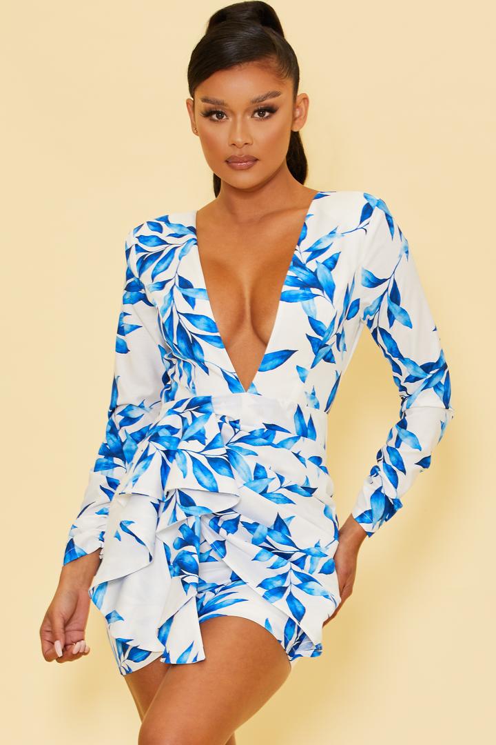 Elegant White Blue Floral Print Deep V-Neck Ruffle Tie-Up Open Back Dress with Long Sleeve