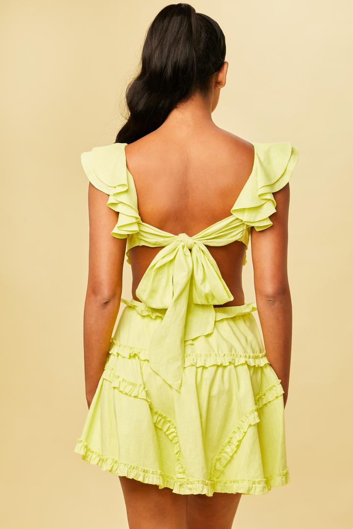 Elegant Summer Yellow V-Neck Ruffle Cut-Out Back Tie-Up Dress with Band Sleeve Detailed