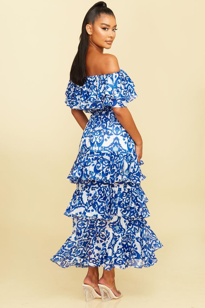 Fashion Off Shoulder Summer Blue Floral Print Ruffle Maxi Dress EDITE MODE Fashion Off Shoulder Summer Blue Floral Print Ruffle Maxi Dress EDITE MODE