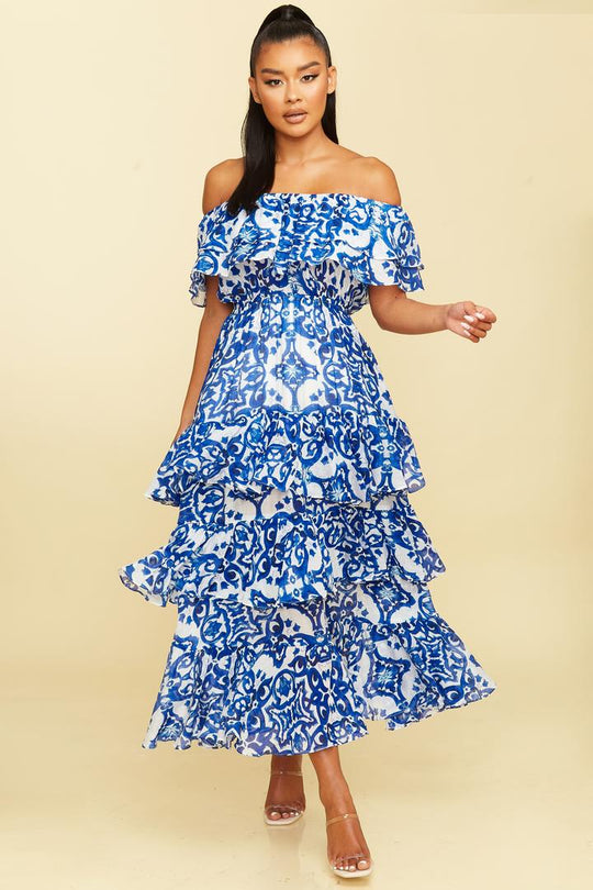 Fashion Off Shoulder Summer Blue Floral Print Ruffle Maxi Dress