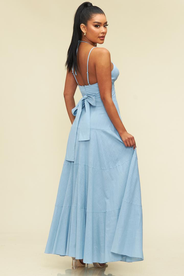 Fashion Summer Strap Back Tie-Up Light Blue Button Down Maxi Dress