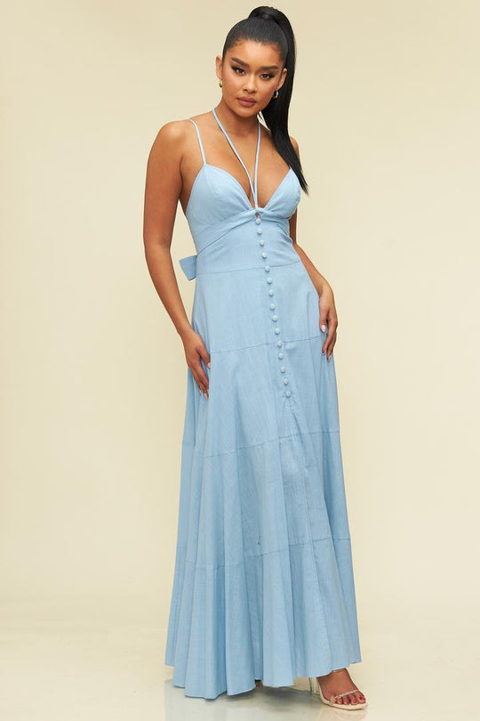 Fashion Summer Strap Back Tie-Up Light Blue Button Down Maxi Dress