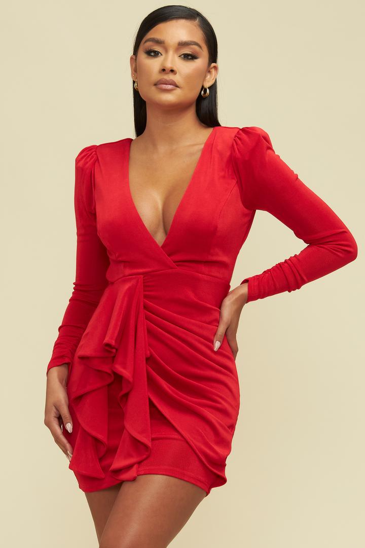 Elegant Red Deep V-Neck Ruffle Tie-Up Open Back Dress with Long Sleeve