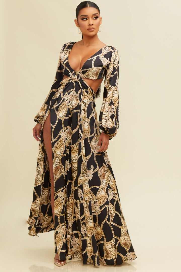 Elegant Black Brown Leopard Print V-Neck Cut-Out Satin Maxi Dress Long Sleeve with Middle Slit
