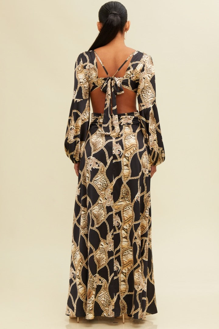 Elegant Black Brown Leopard Print V-Neck Cut-Out Satin Maxi Dress Long Sleeve with Middle Slit