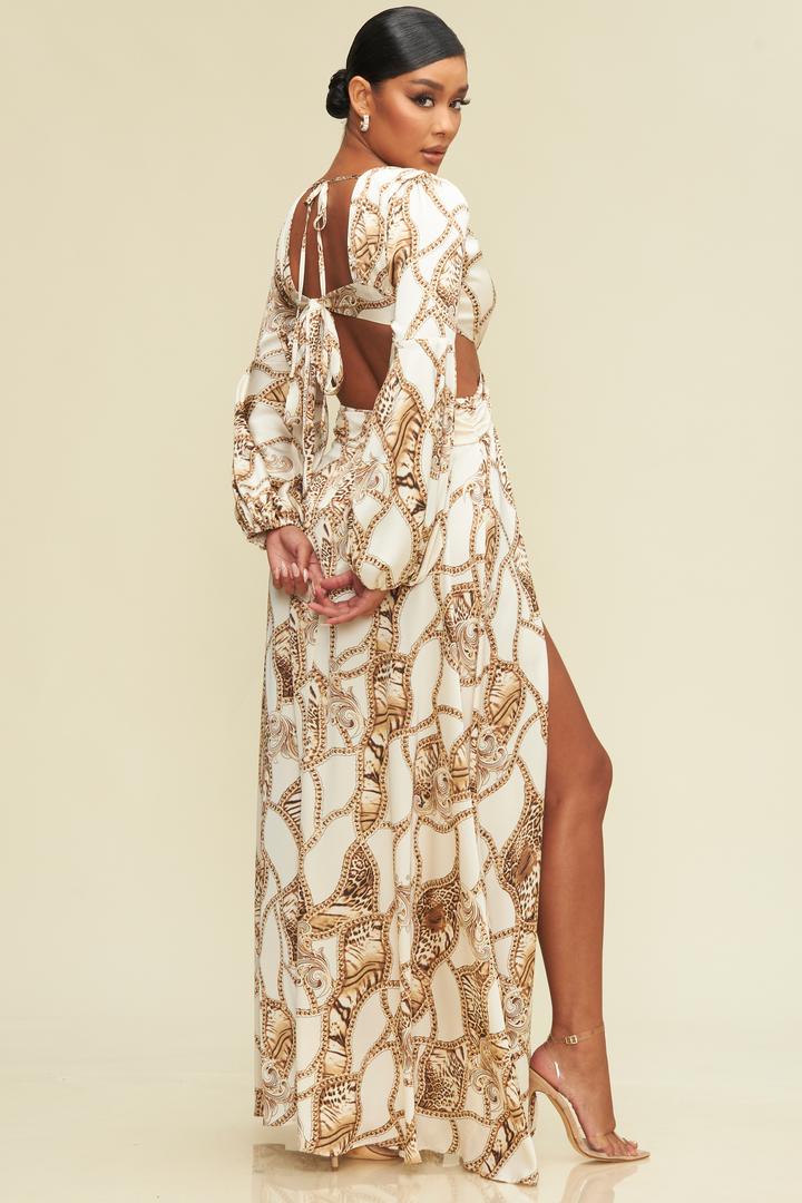 Elegant Ivory Brown Leopard Print V-Neck Cut-Out Satin Maxi Dress Long Sleeve with Middle Slit