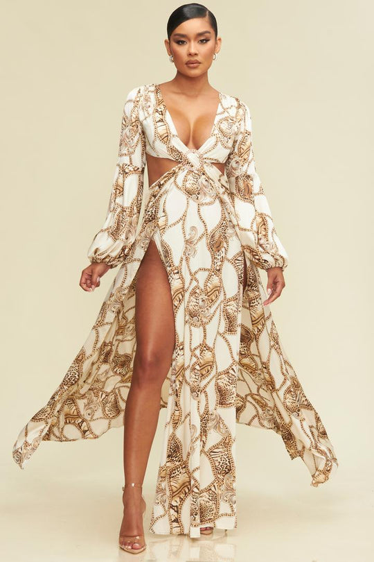 Elegant Ivory Brown Leopard Print V-Neck Cut-Out Satin Maxi Dress Long Sleeve with Middle Slit