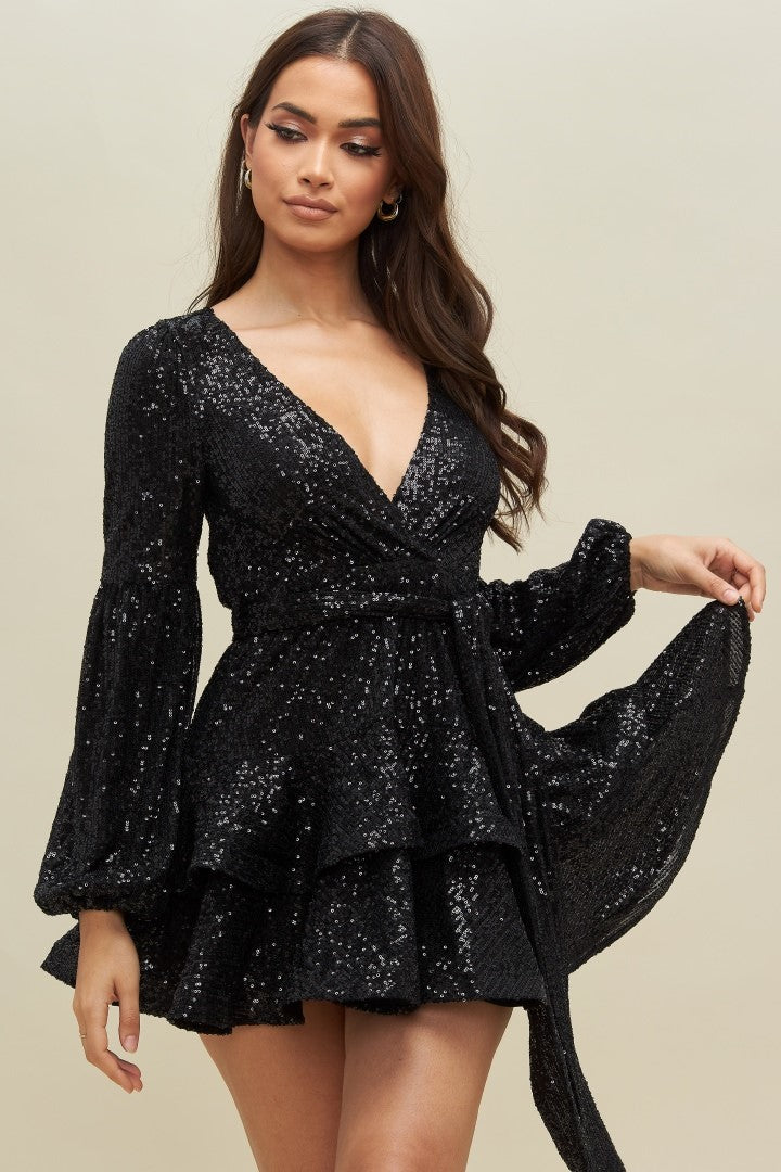 Elegant Black Sequence Lace Layered Ruffle Tie-Up Dress with Bell Sleeve