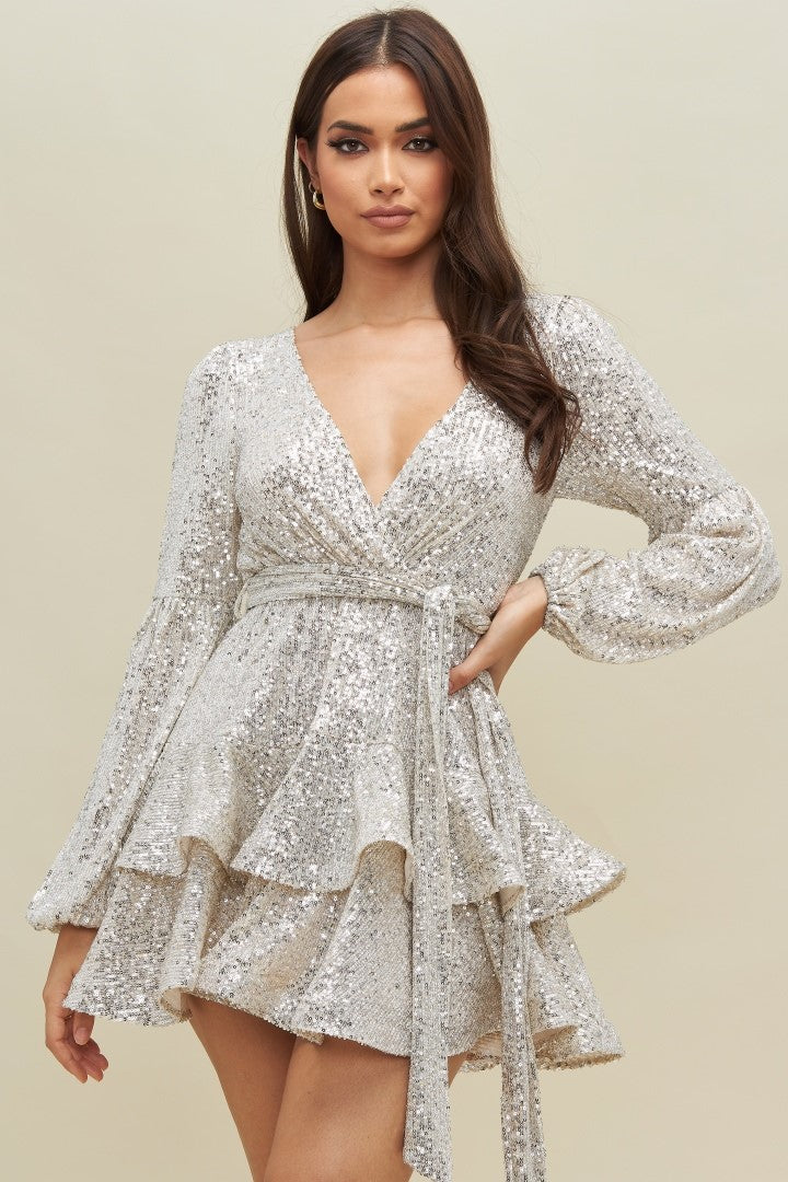 Elegant Nude Silver Sequence Lace Layered Ruffle Tie-Up Dress with Bell Sleeve