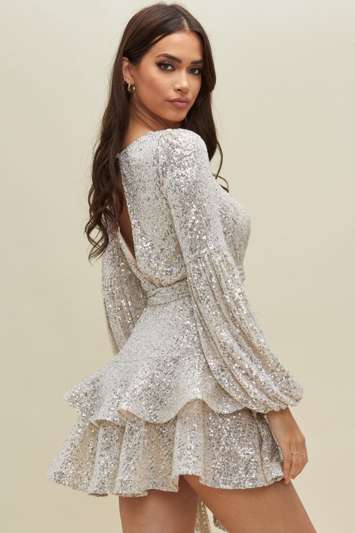 Elegant Nude Silver Sequence Lace Layered Ruffle Tie-Up Dress with Bell Sleeve Elegant Nude Silver Sequence Lace Layered Ruffle Tie-Up Dress with Bell Sleeve