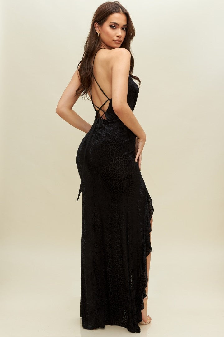 Elegant Strap Ruffle Black Animal Print Velvet Maxi Dress with Middle Slit