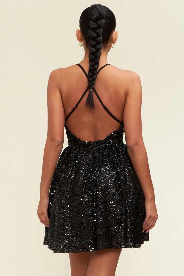 Elegant Black Sequence Strap V-Neck Ruffle Dress