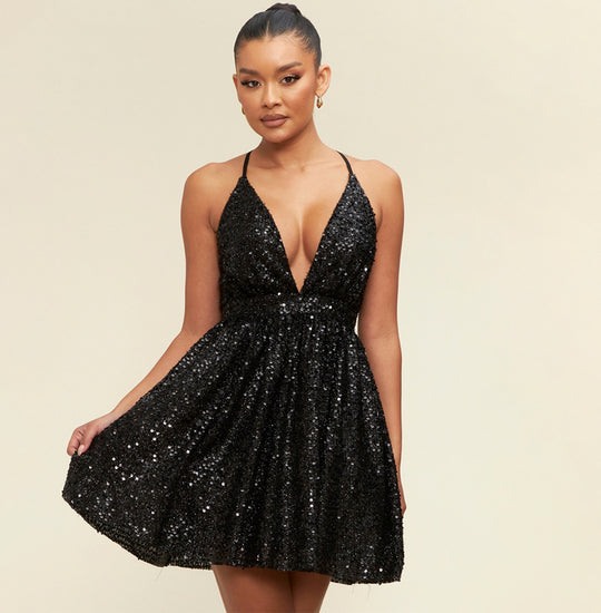 Elegant Black Sequence Strap V-Neck Ruffle Dress
