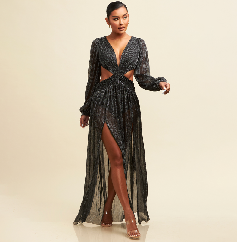 Elegant Black Silver V-Neck Ruffle Cut-Out Open Back Maxi Dress with Long Sleeve