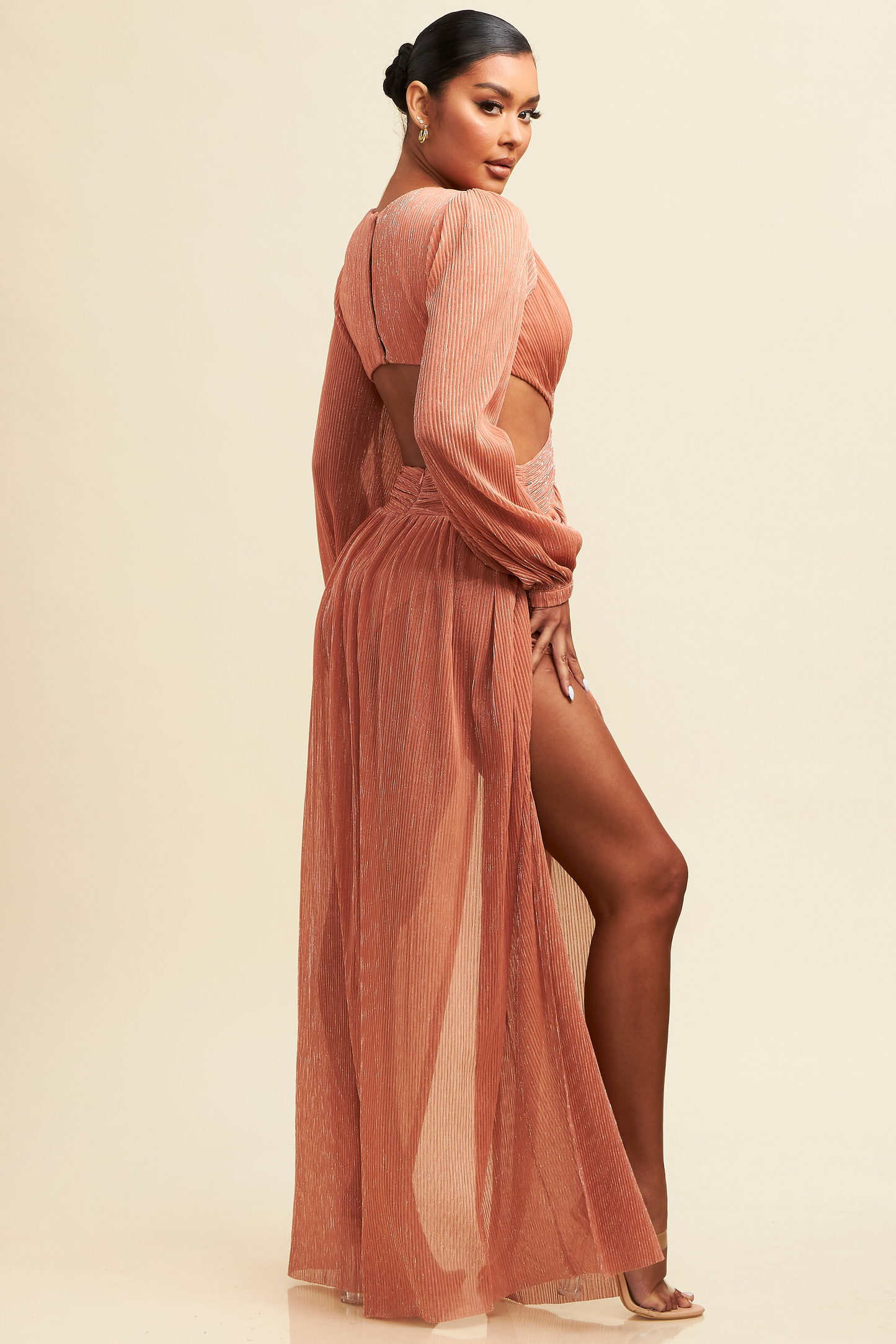 Elegant Peach V-Neck Ruffle Cut-Out Open Back Maxi Dress with Long Sleeve