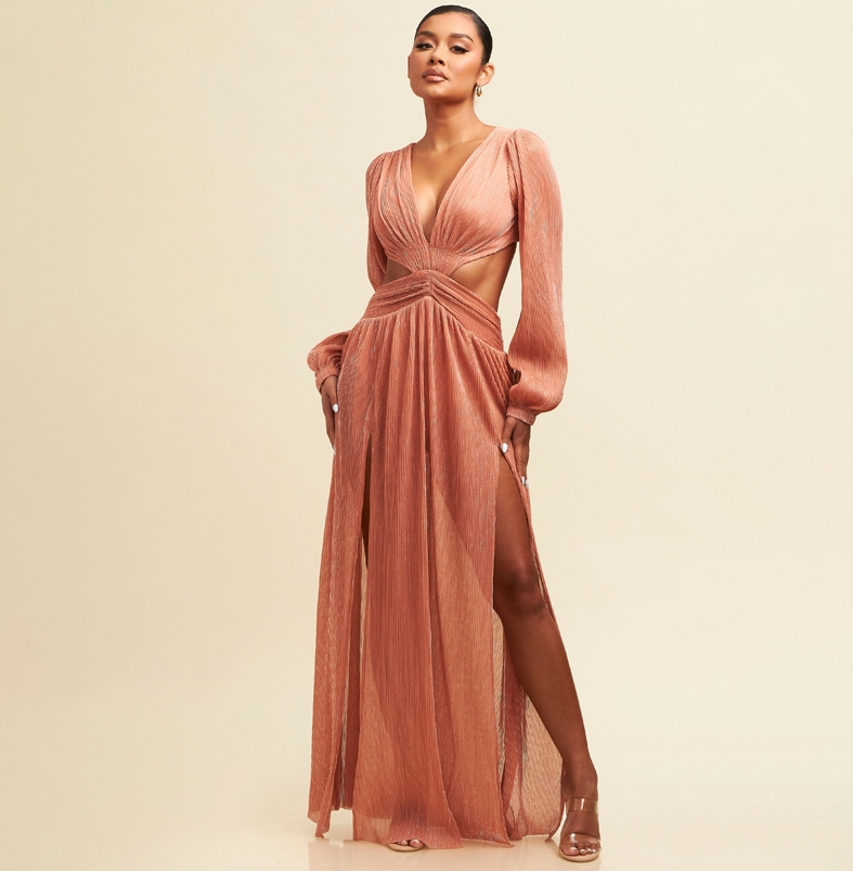 Elegant Peach V-Neck Ruffle Cut-Out Open Back Maxi Dress with Long Sleeve