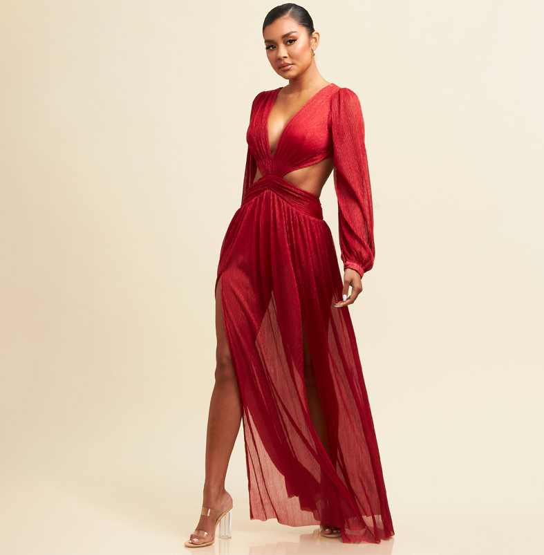 Elegant Red V-Neck Ruffle Cut-Out Open Back Maxi Dress with Long Sleeve