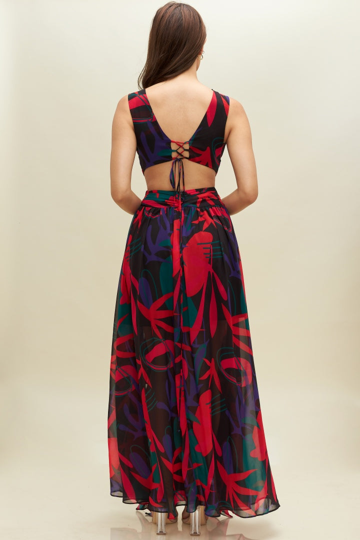 Fashion Black Multi-Color Floral Print V-Neck Cut-Out Back Tie-Up Maxi Dress with Middle Slit