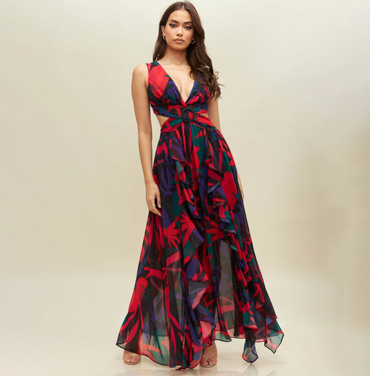 Fashion Black Multi-Color Floral Print V-Neck Cut-Out Back Tie-Up Maxi Dress with Middle Slit