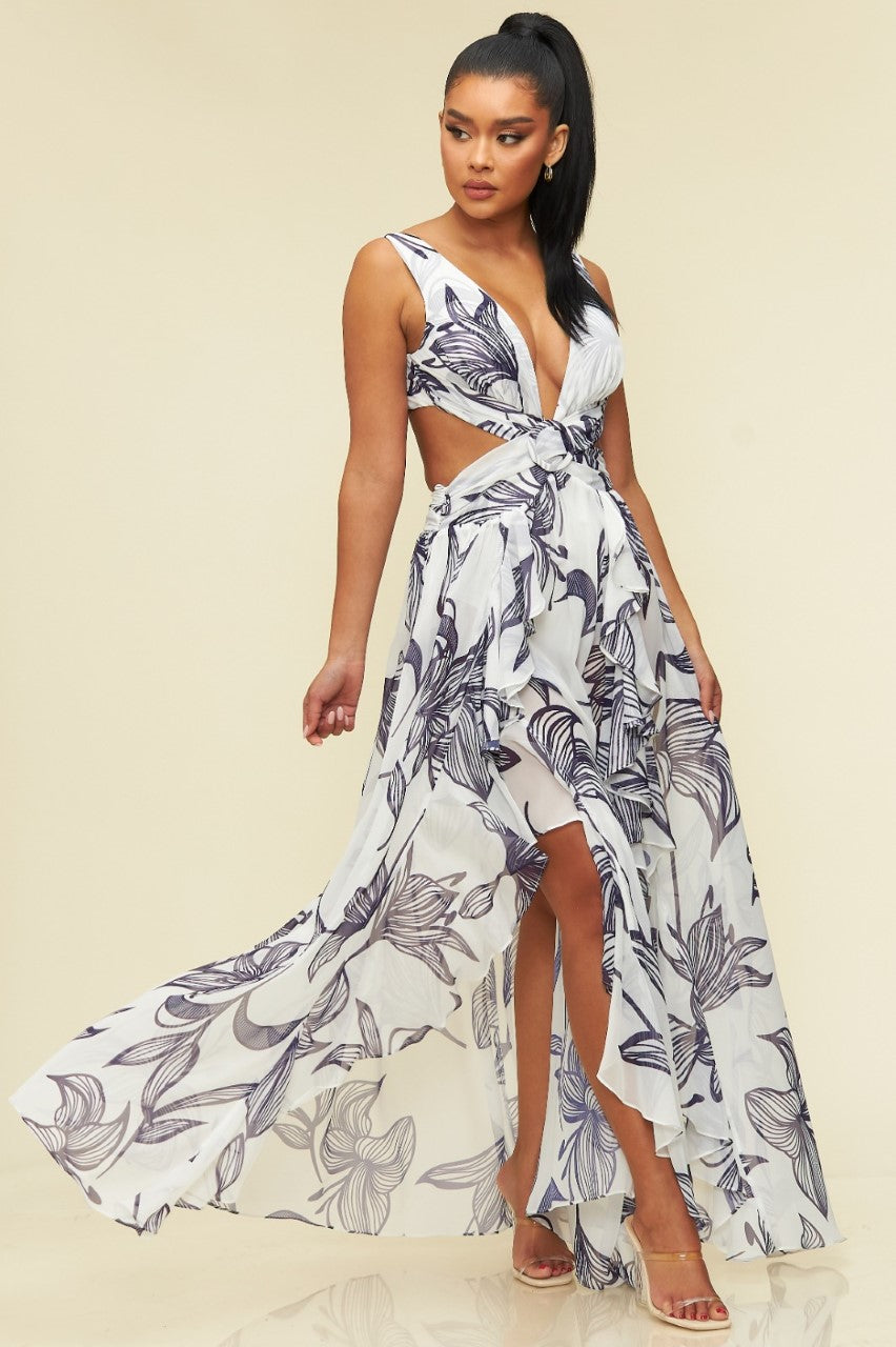 Fashion White Navy Floral Print V-Neck Cut-Out Back Tie-Up Maxi Dress with Middle Slit