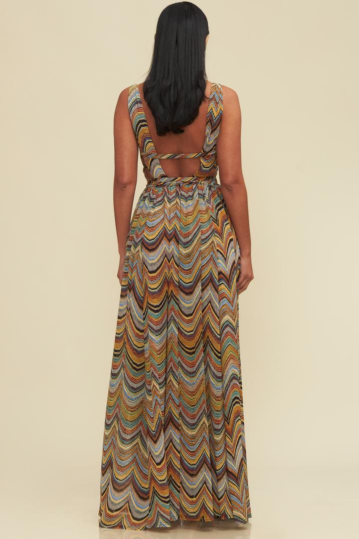 Fashion Multi-Color Print Deep V-Neck Wrap Tie-Up Maxi Dress with Middle Slit