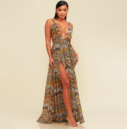 Fashion Multi-Color Print Deep V-Neck Wrap Tie-Up Maxi Dress with Middle Slit