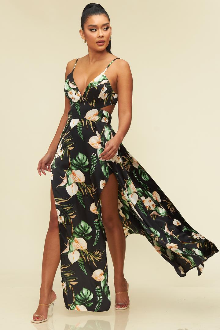 Elegant Strap Black Floral Print V-Neck Cut-Out Satin Back Tie-Up Maxi Dress with Middle Slit Elegant Strap Black Floral Print V-Neck Cut-Out Satin Back Tie-Up Maxi Dress with Middle Slit