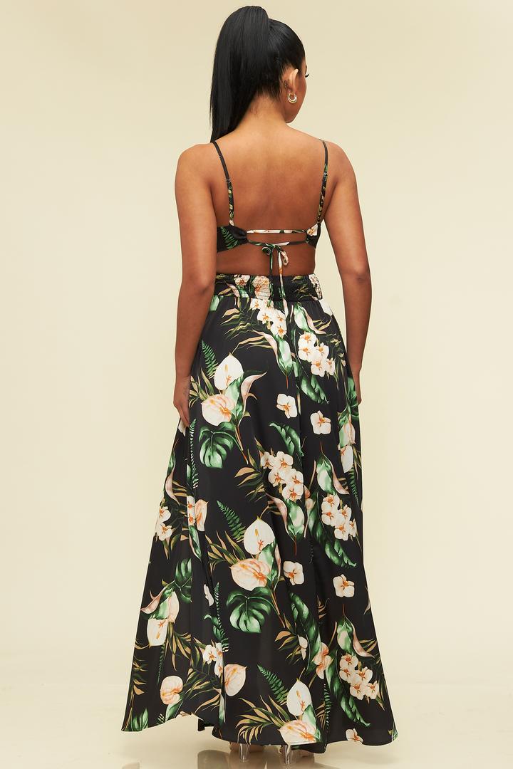 Elegant Strap Black Floral Print V-Neck Cut-Out Satin Back Tie-Up Maxi Dress with Middle Slit