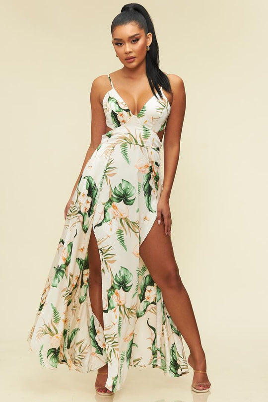 Elegant Strap Ivory Floral Print V-Neck Cut-Out Satin Back Tie-Up Maxi Dress with Middle Slit