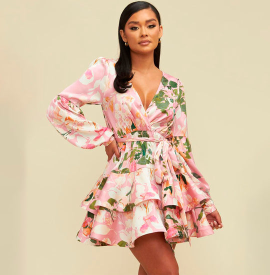 Fashion Pink Multi-Color Floral Print Satin Layered Ruffle Tie-Up Dress with Bell Sleeve