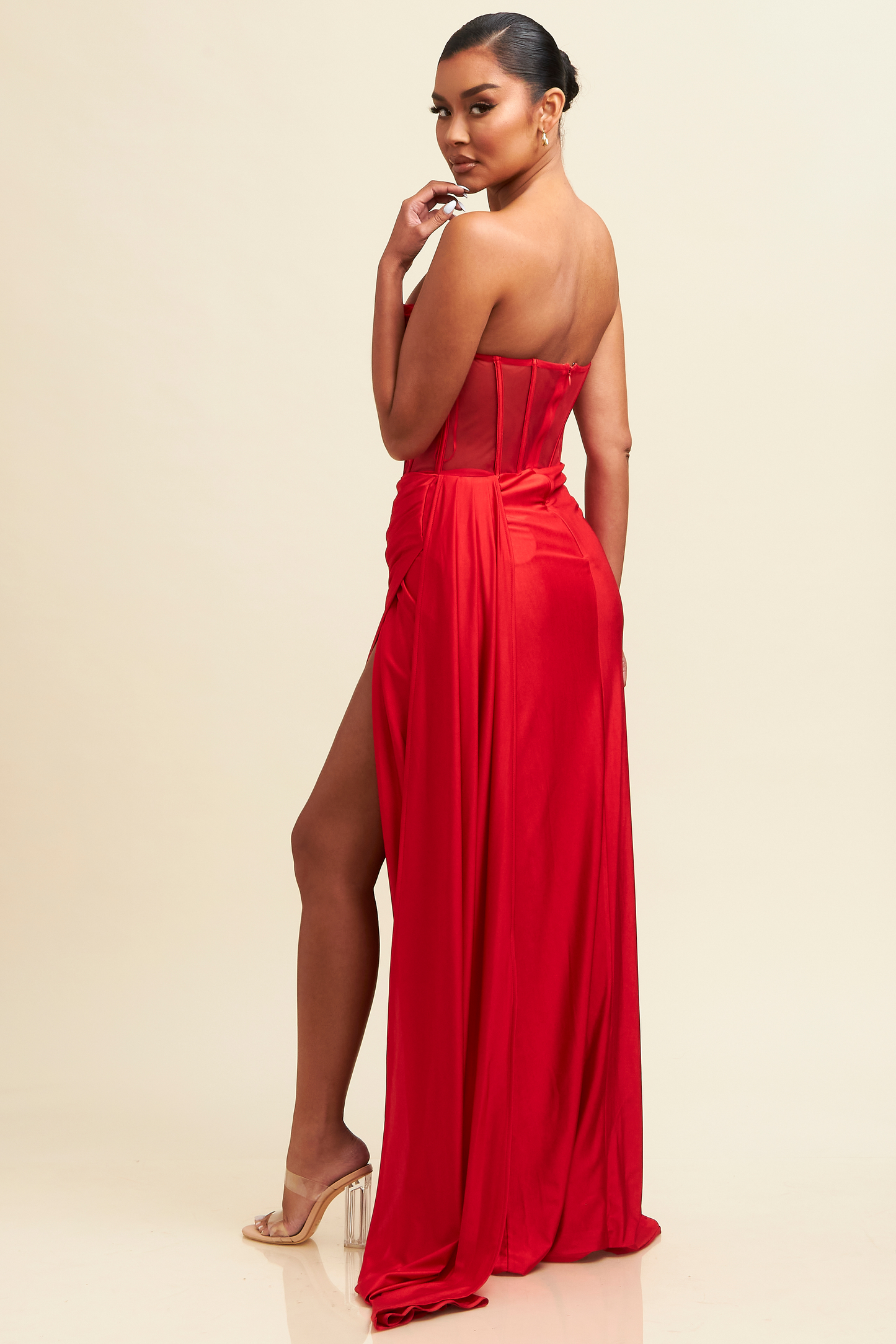 Elegant Strapless Red Couture Corset Maxi Dress with Middle Slit