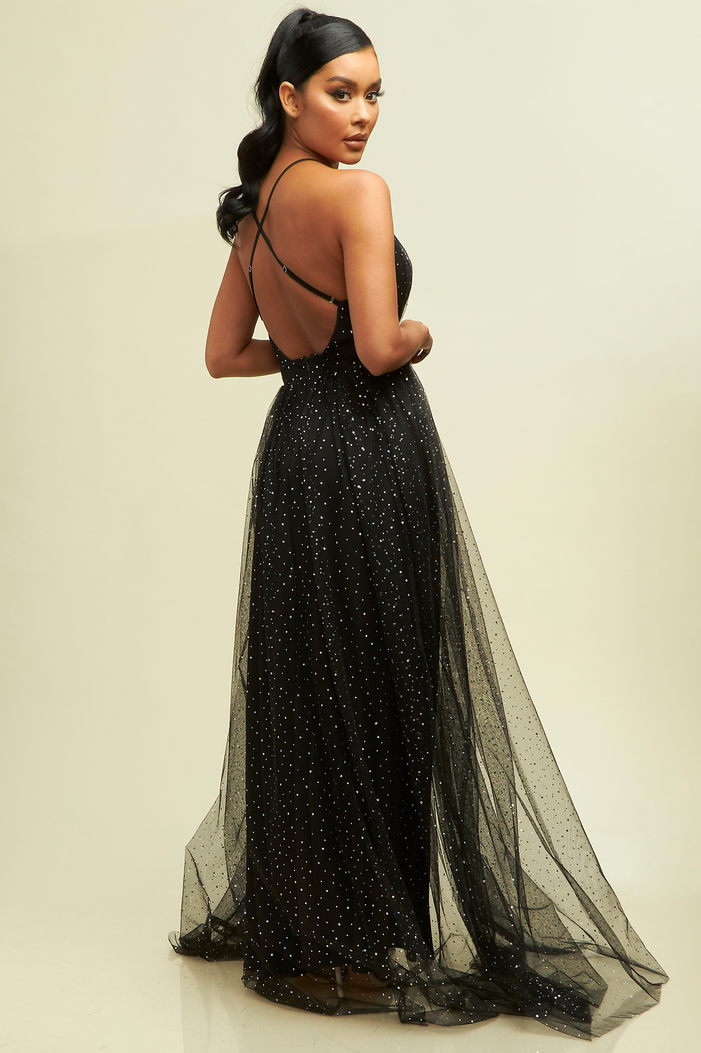 Elegant Black Strap Crystal Detailed Deep V-Neck Maxi Dress