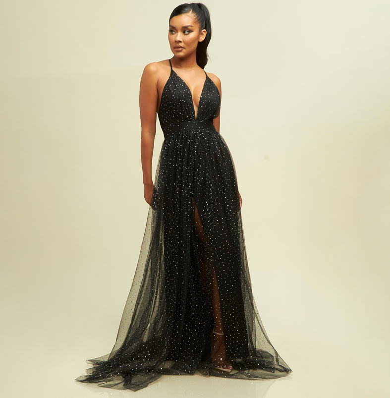 Elegant Black Strap Crystal Detailed Deep V-Neck Maxi Dress